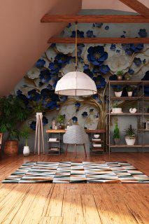3D Blue & Gold Floral Tree Wallpaper: Elegant Metallic Wall Mural - View 3