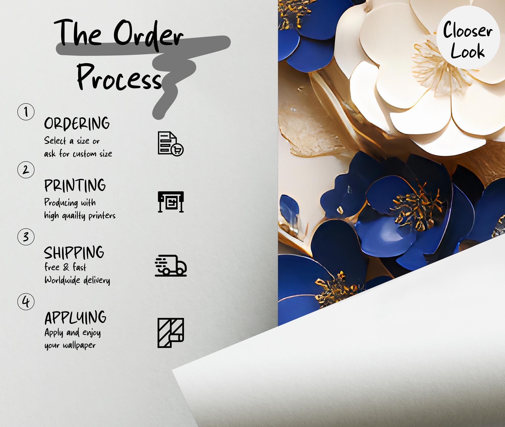 3D Blue & Gold Floral Tree Wallpaper: Elegant Metallic Wall Mural - View 6