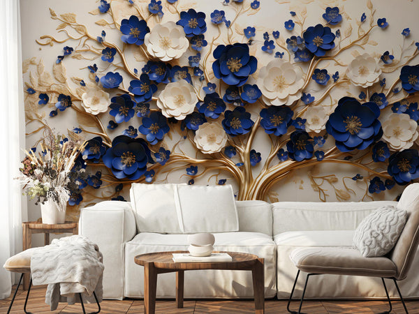 3D Blue & Gold Floral Tree Wallpaper: Elegant Metallic Wall Mural