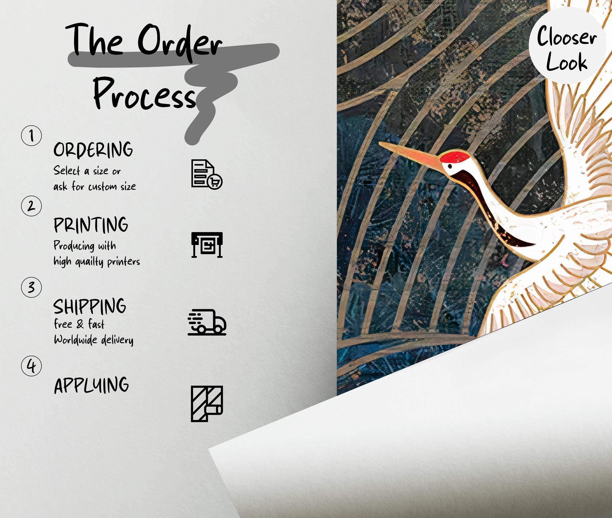 Crane & Moon Japanese Wallpaper Mural: Minimalist Line Art - View 5