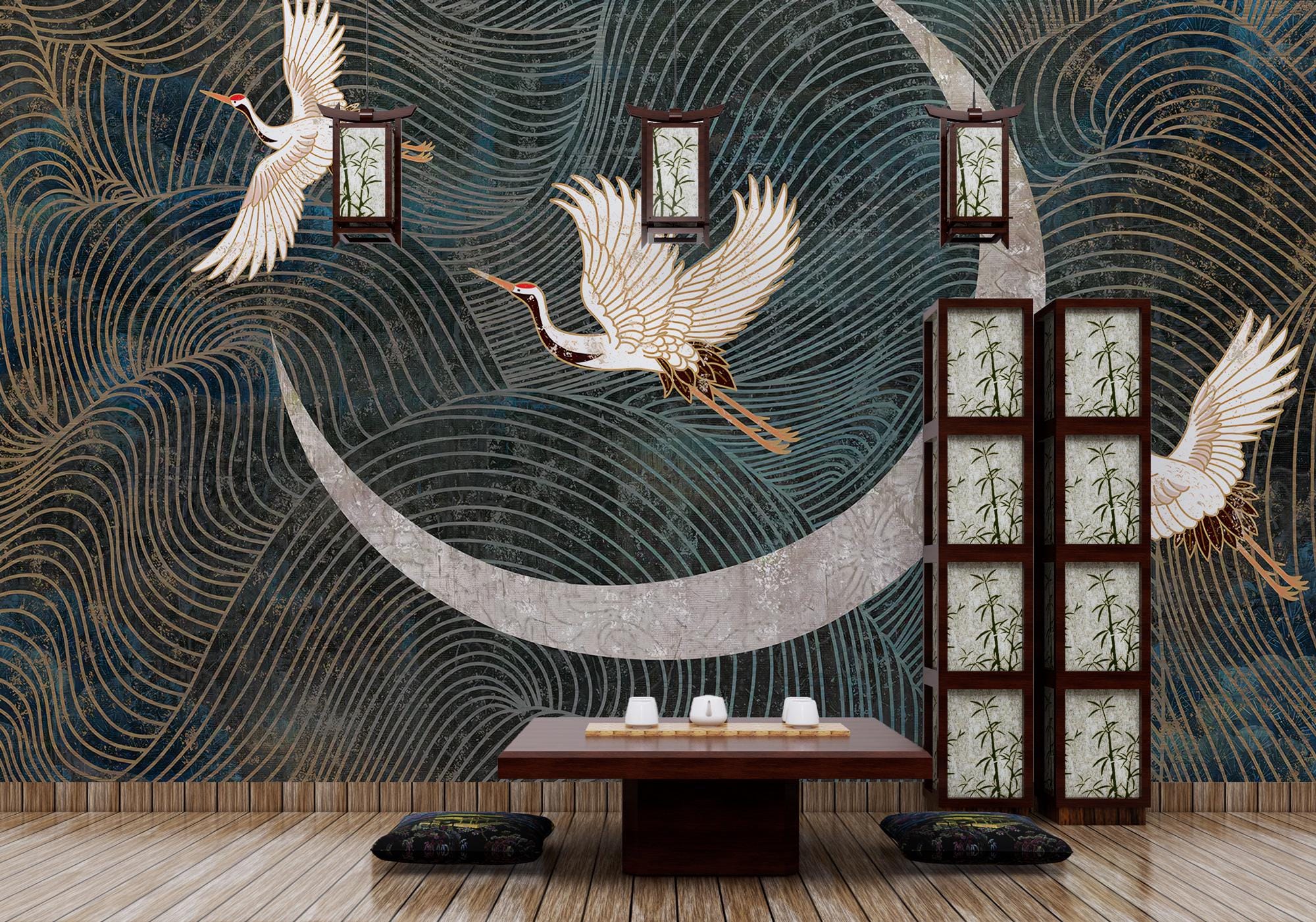 Crane & Moon Japanese Wallpaper Mural: Minimalist Line Art - View 4