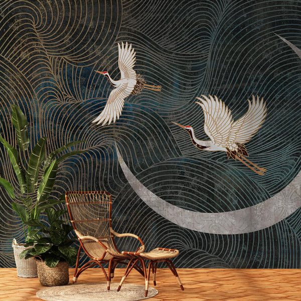 Crane & Moon Japanese Wallpaper Mural: Minimalist Line Art