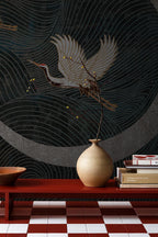 Crane & Moon Japanese Wallpaper Mural: Minimalist Line Art - View 3