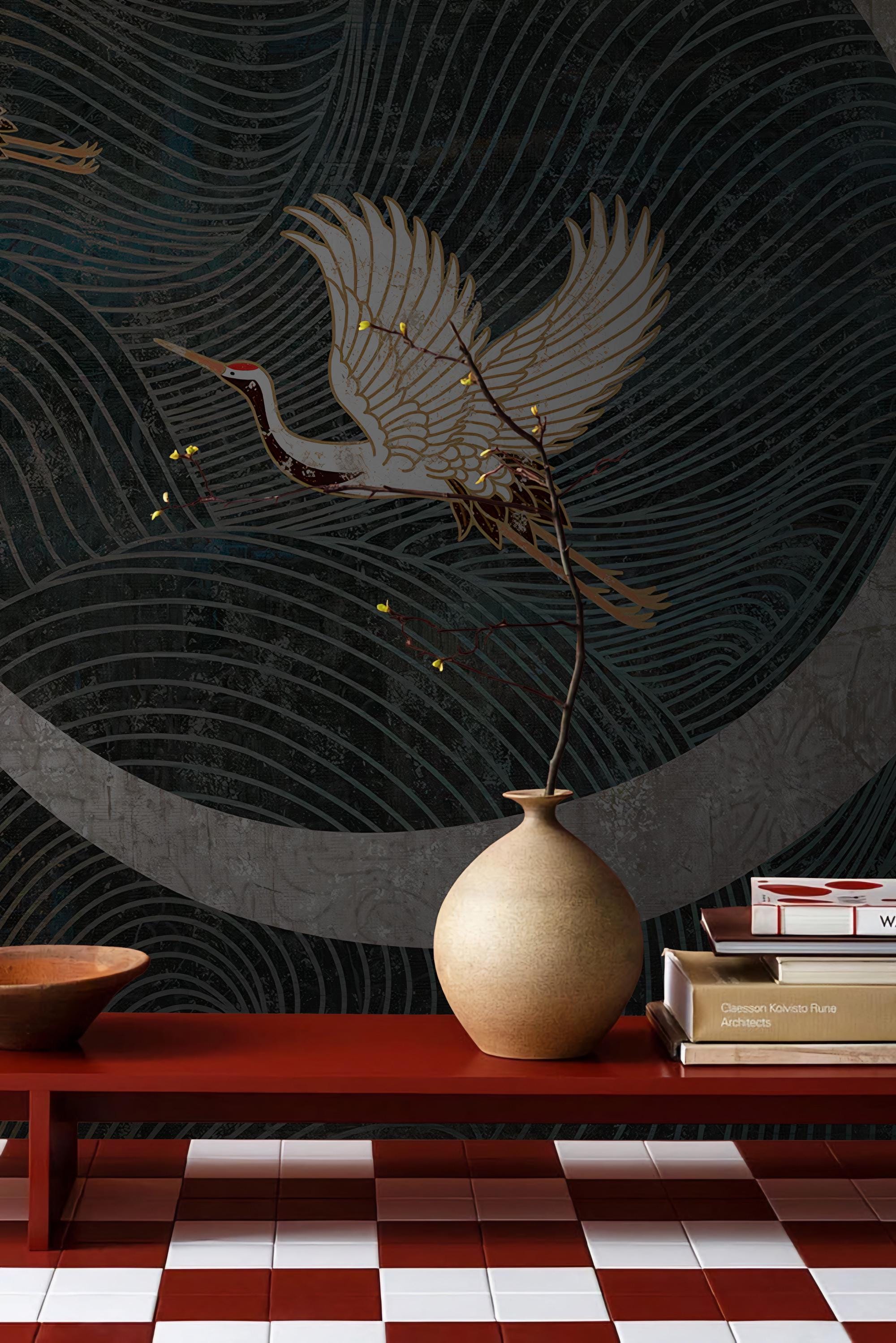 Crane & Moon Japanese Wallpaper Mural: Minimalist Line Art - View 3