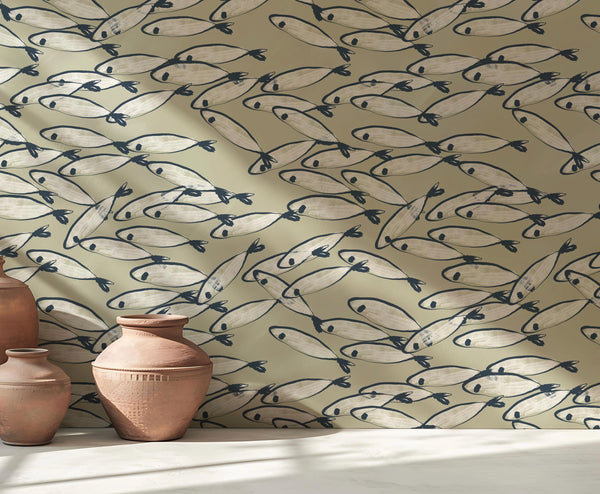 Coastal Fish Wallpaper: Hand Drawn Nautical Peel and Stick Mural