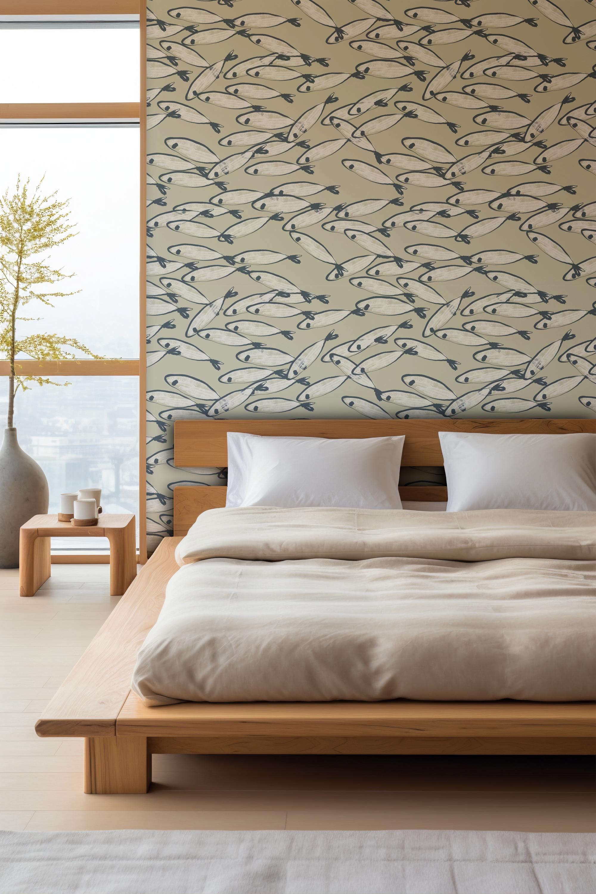 Coastal Fish Wallpaper: Hand Drawn Nautical Peel and Stick Mural - View 2