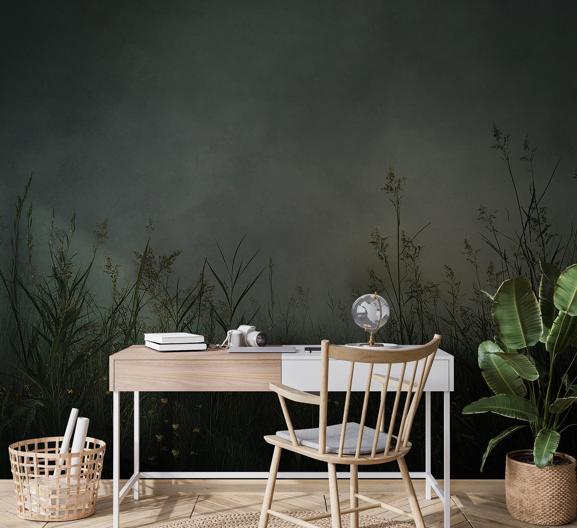 Misty Green Wildflower Wallpaper Mural: Botanical Meadow Grass, Peel and Stick - View 3