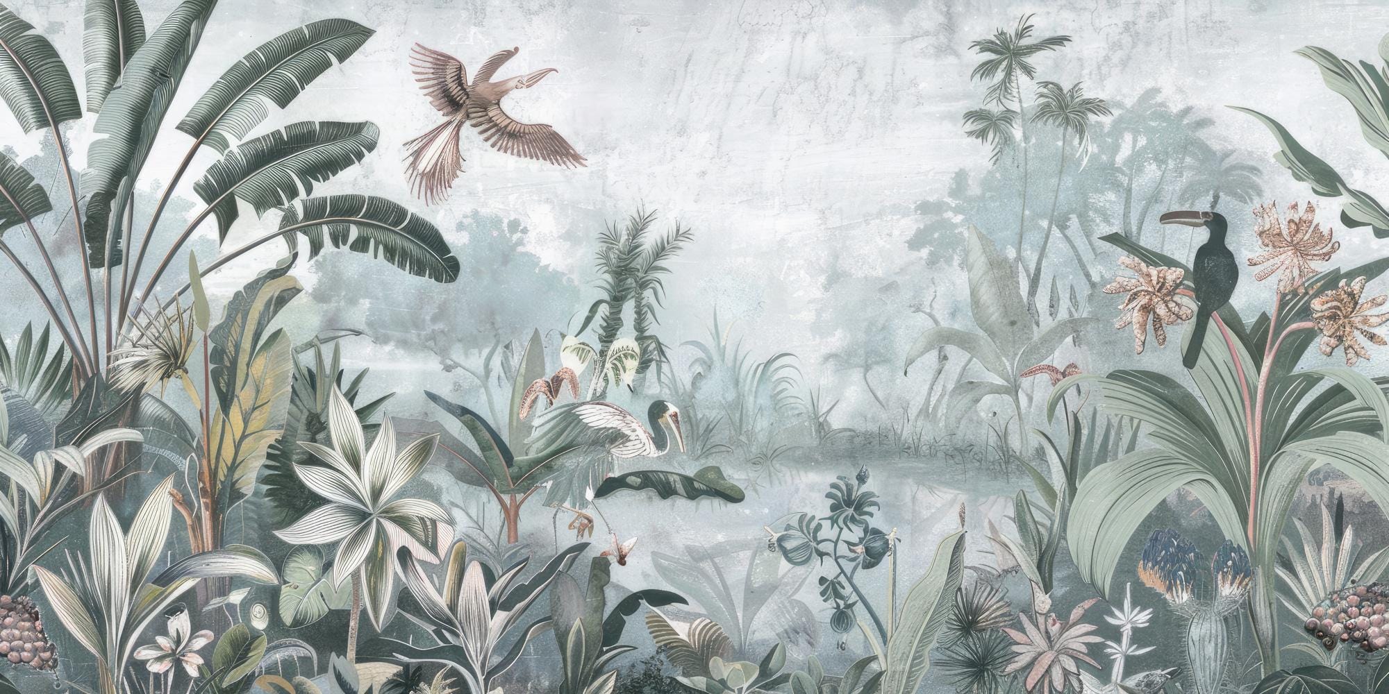 Tropical Jungle Wallpaper Mural: Vintage Rainforest Wall Art, Exotic Birds - View 6