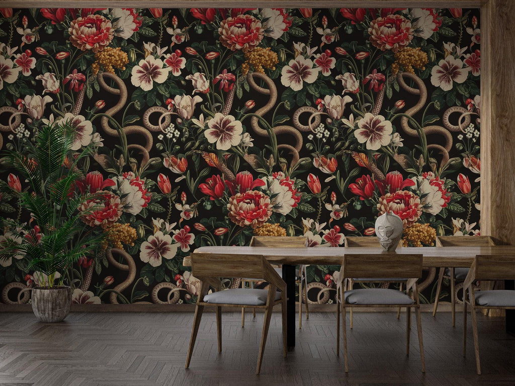 Dark Floral Snake Wallpaper Mural - Vintage Botanical Peel and Stick - View 5