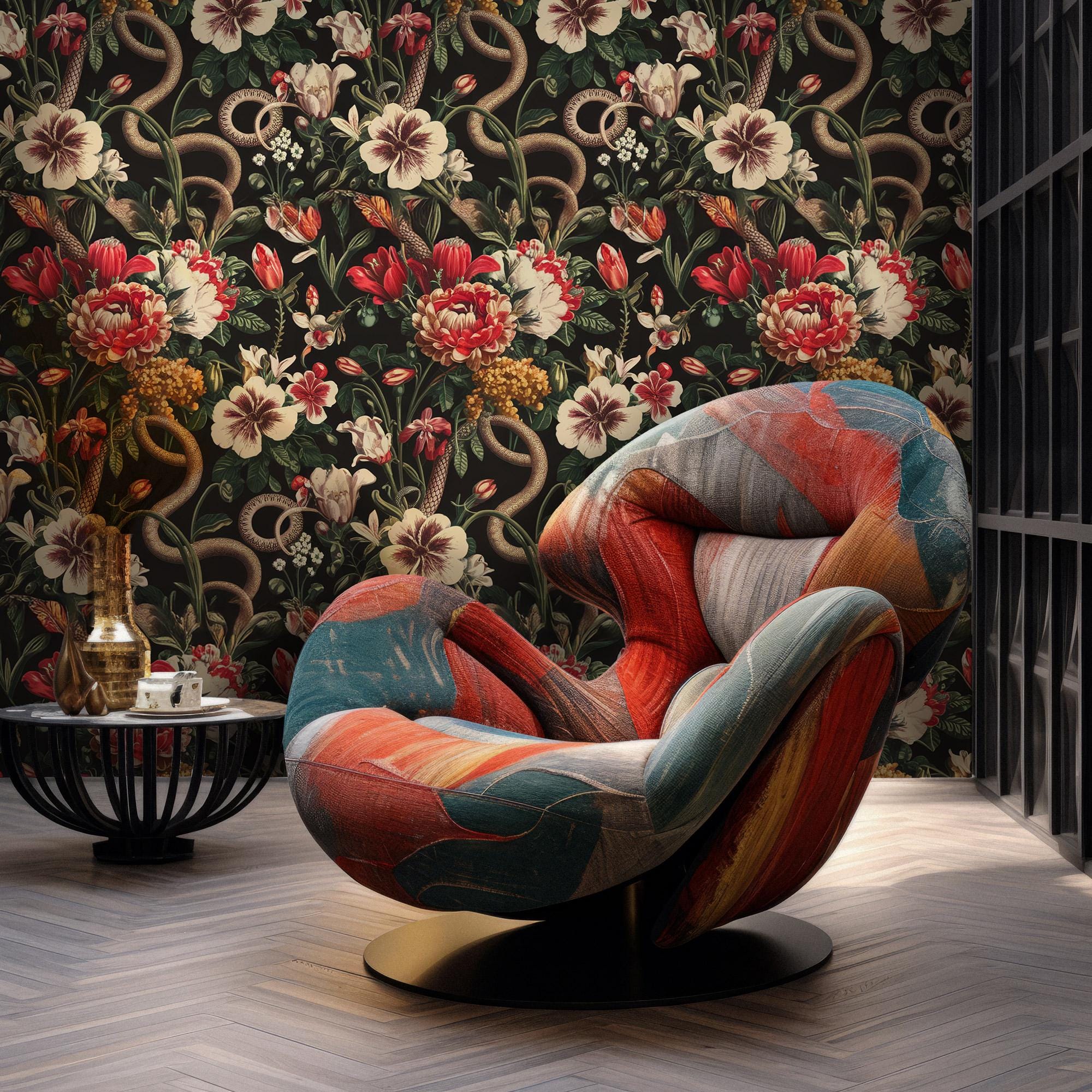 Dark Floral Snake Wallpaper Mural - Vintage Botanical Peel and Stick - View 4