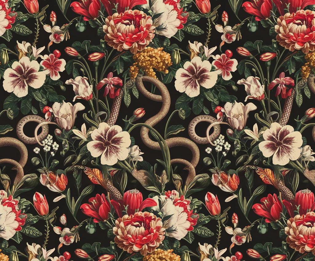 Dark Floral Snake Wallpaper Mural - Vintage Botanical Peel and Stick - View 6