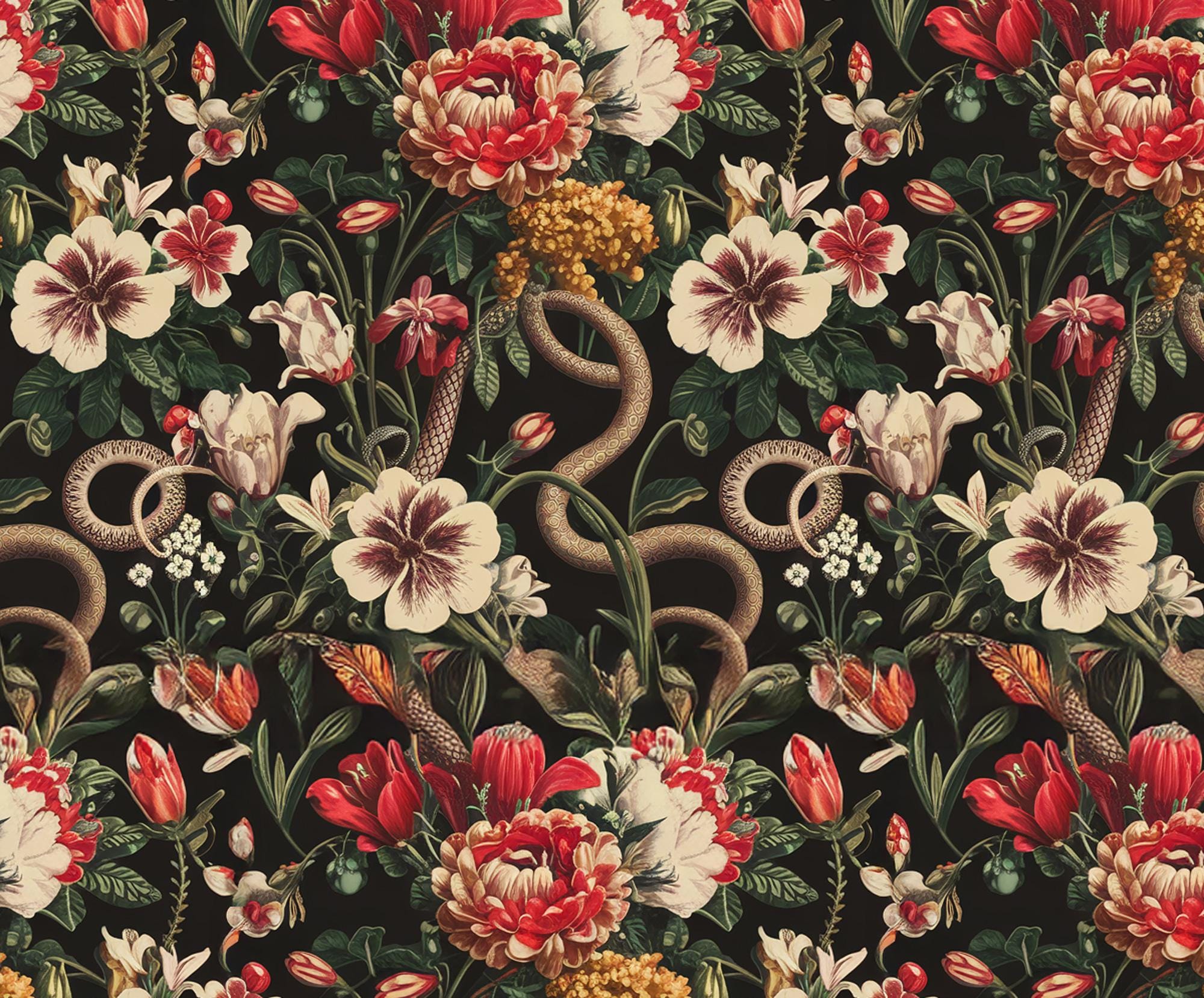 Dark Floral Snake Wallpaper Mural - Vintage Botanical Peel and Stick - View 6