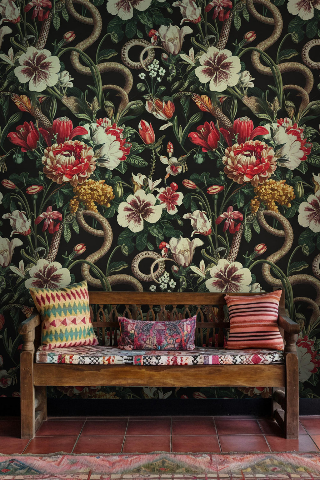Dark Floral Snake Wallpaper Mural - Vintage Botanical Peel and Stick - View 2