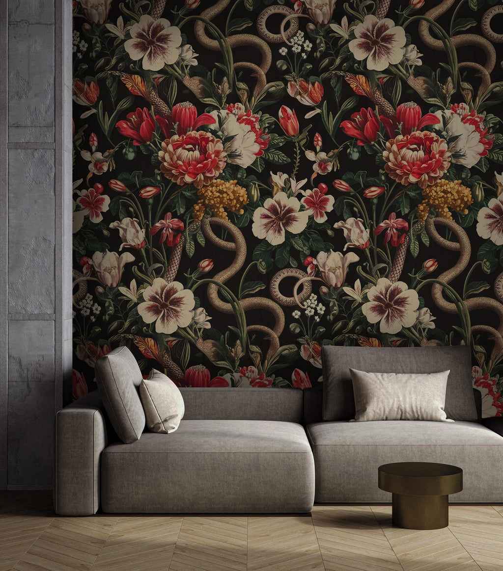 Dark Floral Snake Wallpaper Mural - Vintage Botanical Peel and Stick - View 3