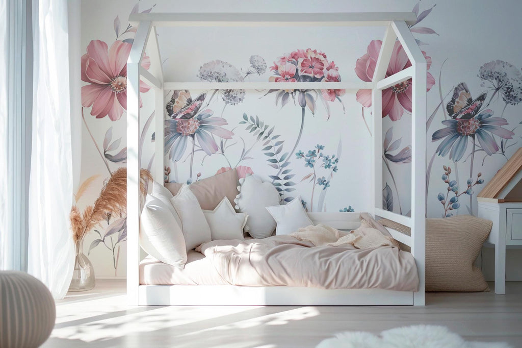Pink Wildflower Wallpaper, Peel & Stick Floral Wall Mural - View 2