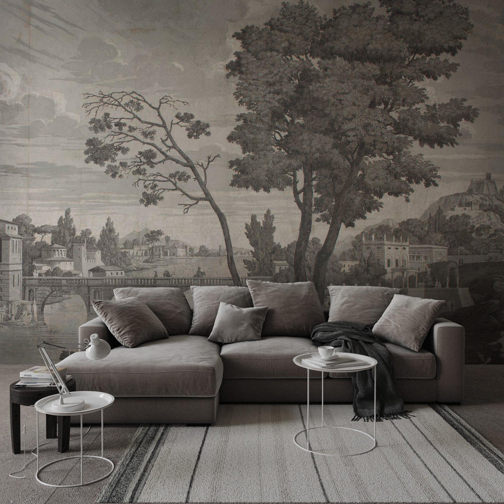 Vintage Grisaille Wallpaper Mural: Classical River Scene Peel and Stick - View 3