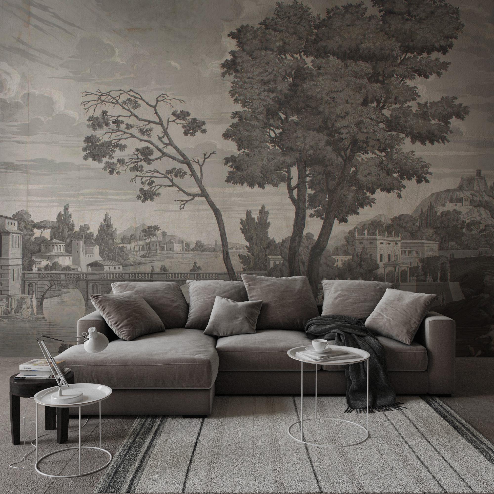 Vintage Grisaille Wallpaper Mural: Classical River Scene Peel and Stick - View 3