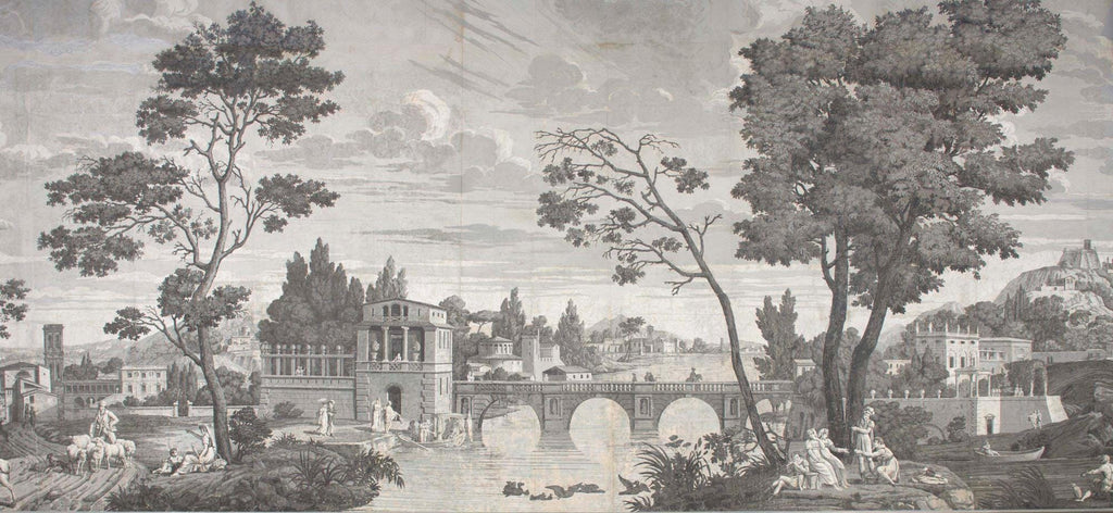 Vintage Grisaille Wallpaper Mural: Classical River Scene Peel and Stick - View 7