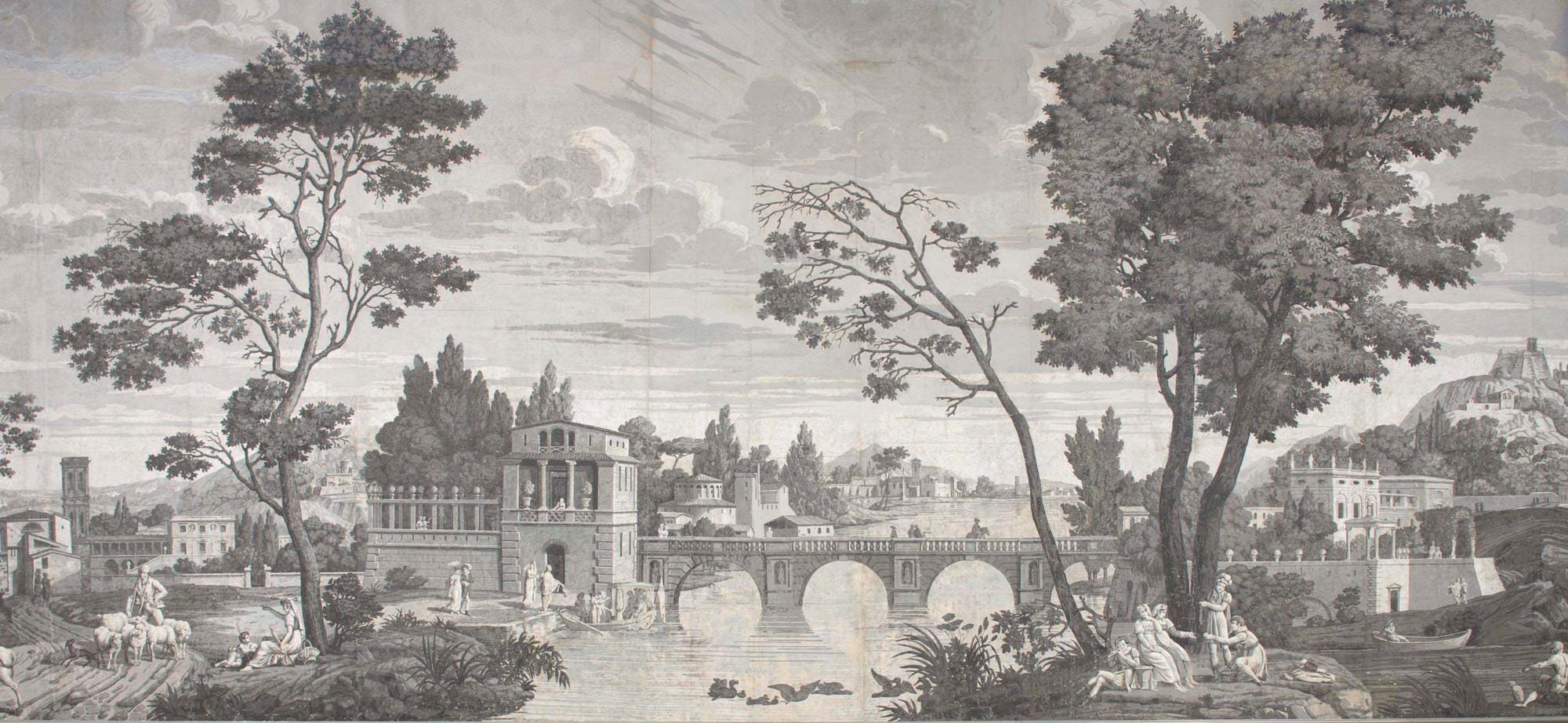 Vintage Grisaille Wallpaper Mural: Classical River Scene Peel and Stick - View 7
