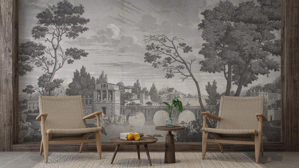 Vintage Grisaille Wallpaper Mural: Classical River Scene Peel and Stick - View 5