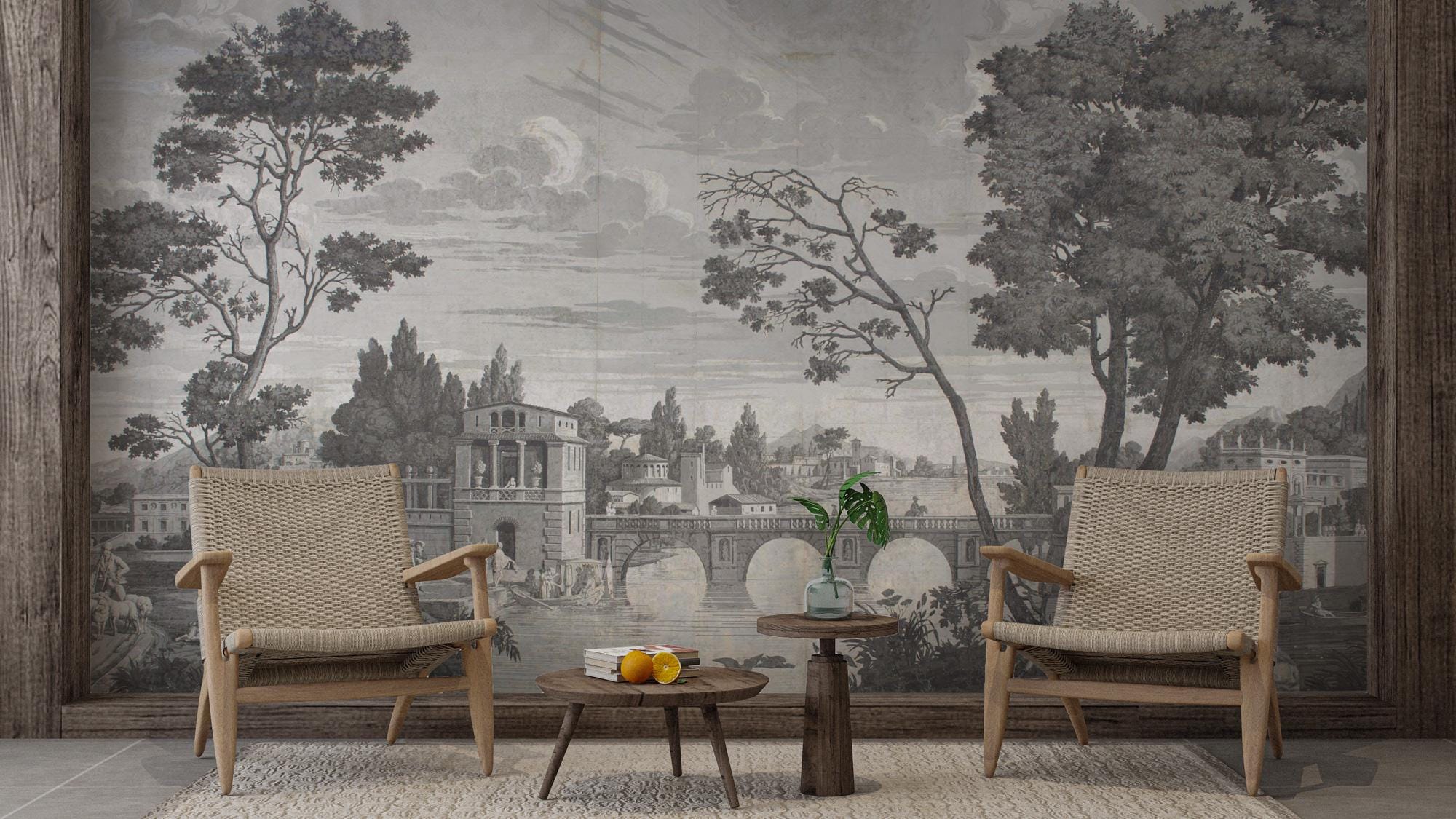 Vintage Grisaille Wallpaper Mural: Classical River Scene Peel and Stick - View 5