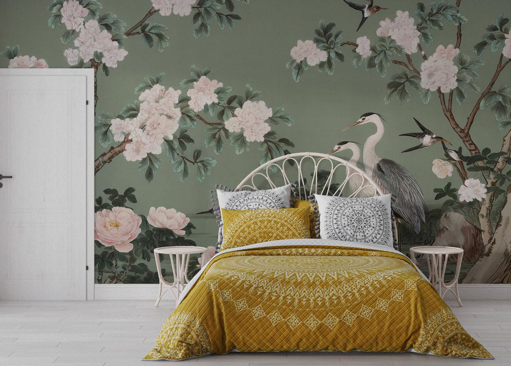 Chinoiserie Heron Wallpaper: Green Mural with Blossoms (Peel and Stick) - View 3