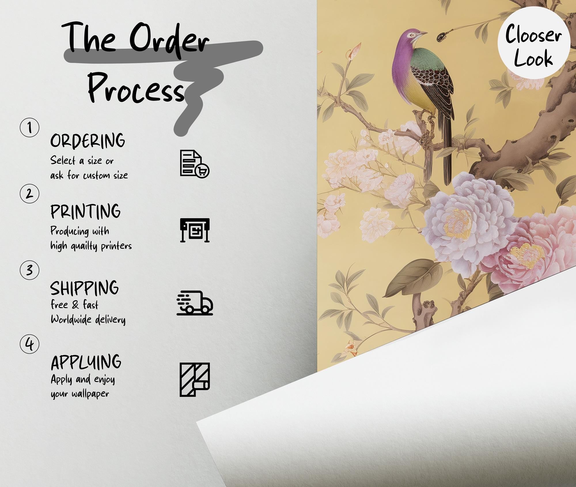 Chinoiserie Floral Peel and Stick Wallpaper: Birds & Blossoms Wall Mural - View 6