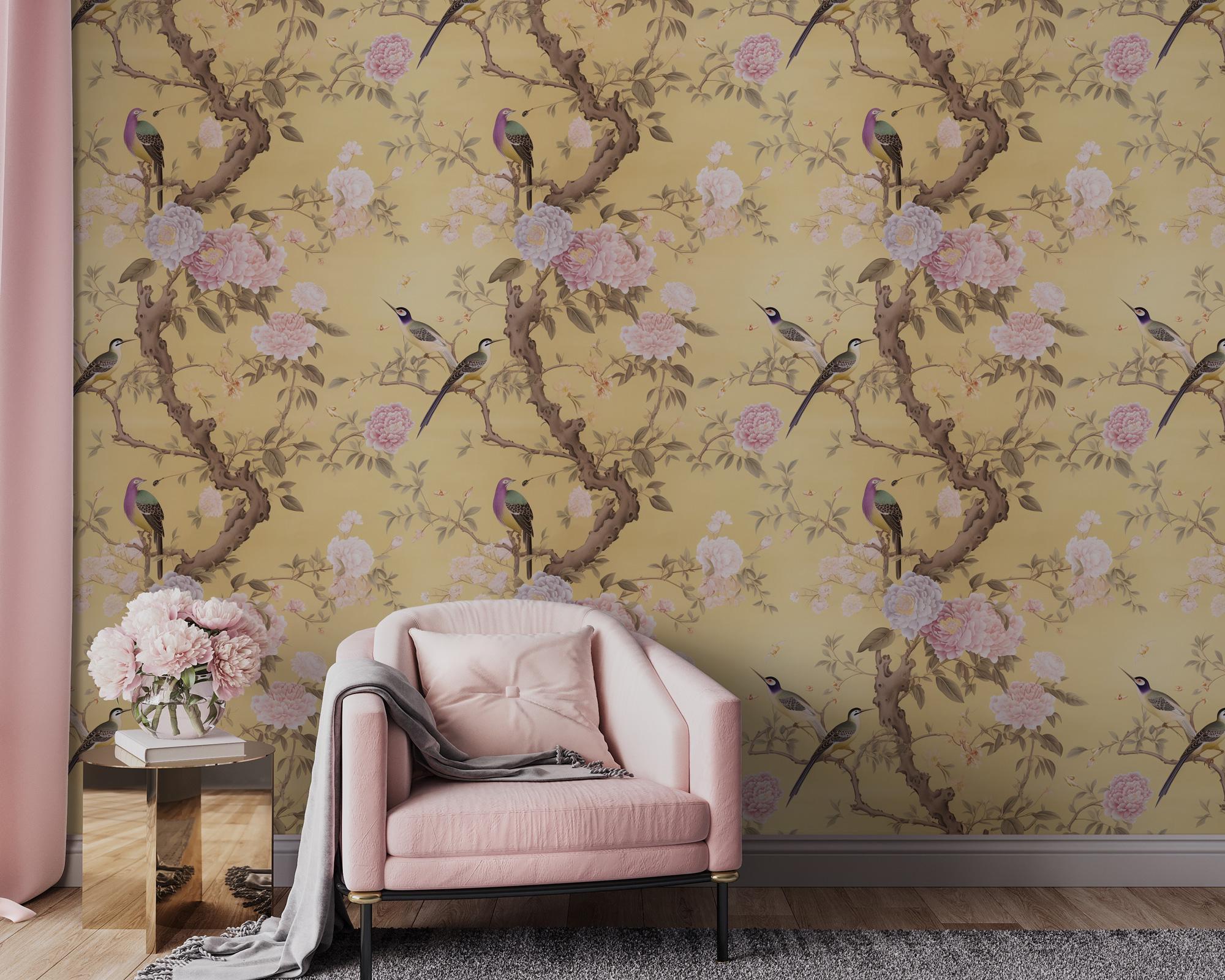 Chinoiserie Floral Peel and Stick Wallpaper: Birds & Blossoms Wall Mural - View 8