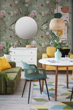 Vintage Green Chinoiserie Wallpaper : Birds & Blossoms Asian Wall Mural - View 6