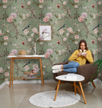 Vintage Green Chinoiserie Wallpaper : Birds & Blossoms Asian Wall Mural - View 4