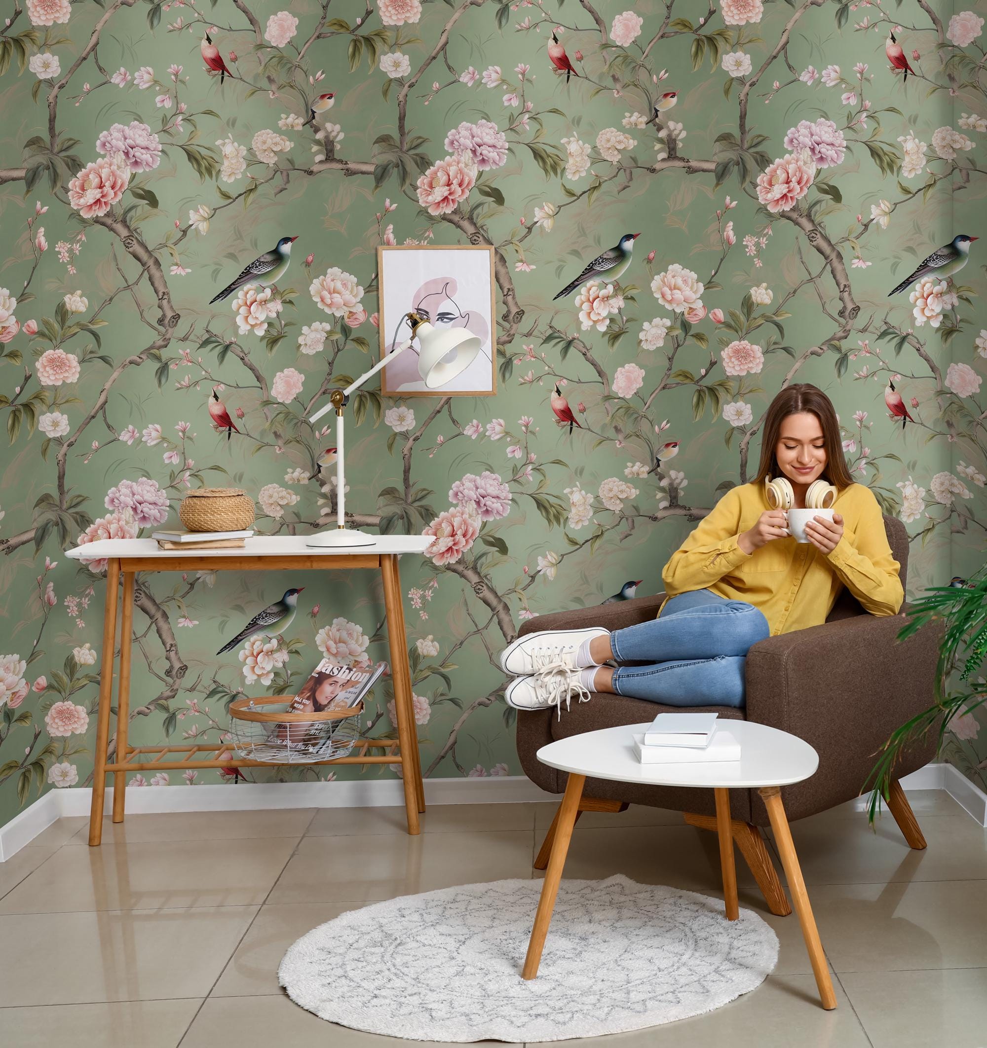 Vintage Green Chinoiserie Wallpaper : Birds & Blossoms Asian Wall Mural - View 4
