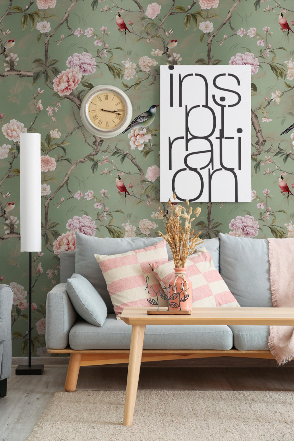 Vintage Green Chinoiserie Wallpaper : Birds & Blossoms Asian Wall Mural - View 3