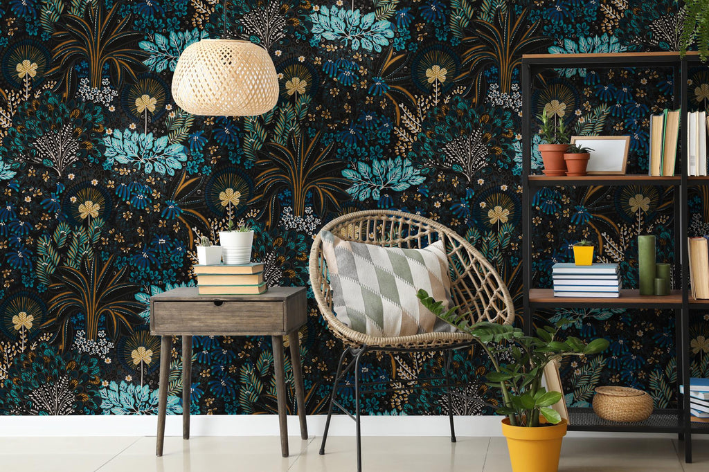 Dark Floral Peel and Stick Wallpaper: Moody Botanical Mural - View 3