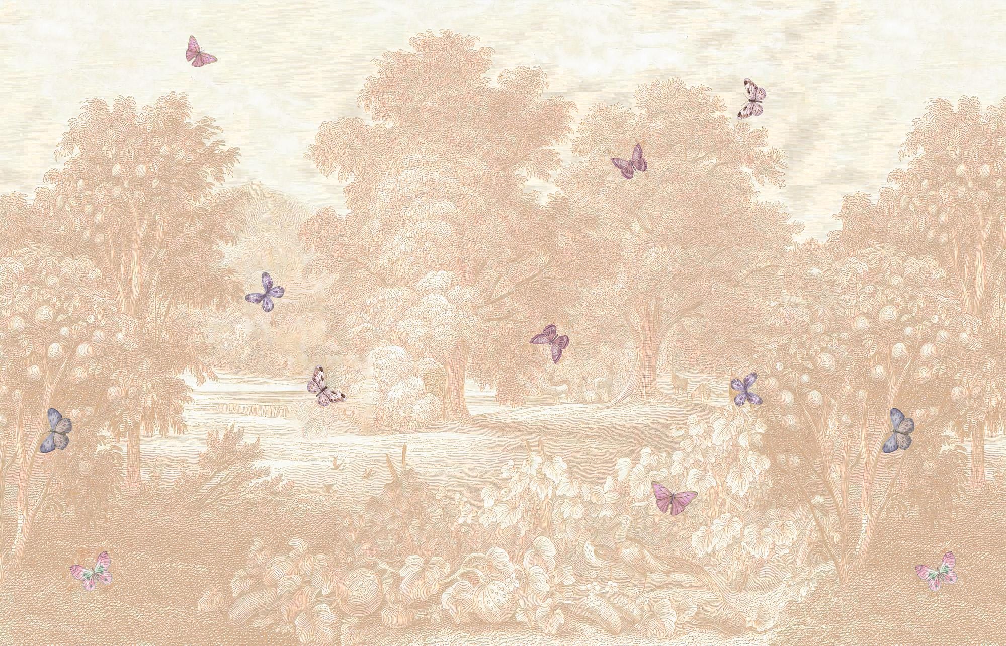 Pastoral Butterfly Wallpaper Mural: Beige Scenic Nursery, Peel and Stick - View 7