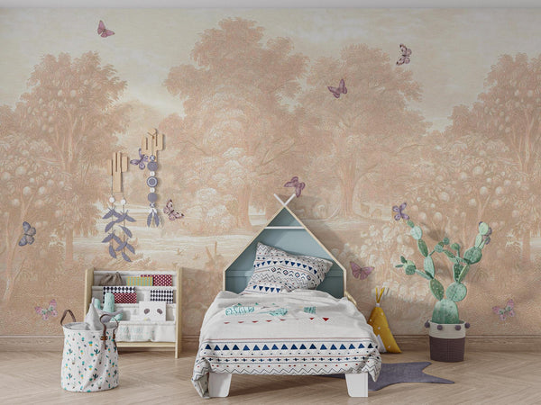 Pastoral Butterfly Wallpaper Mural: Beige Scenic Nursery, Peel and Stick