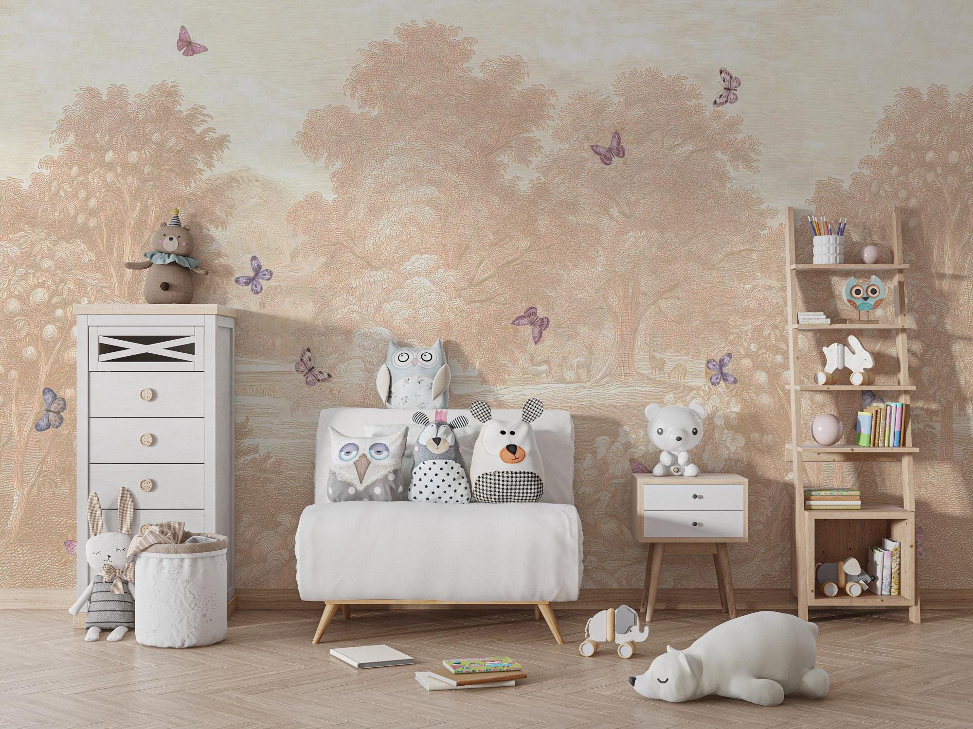 Pastoral Butterfly Wallpaper Mural: Beige Scenic Nursery, Peel and Stick - View 4