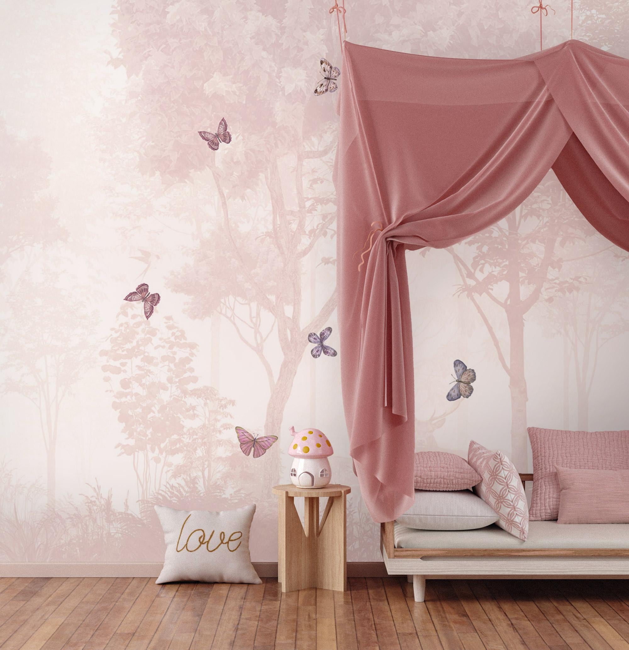 Pastel Butterfly Nursery Mural: Soft Pink Scenic Wallpaper (Peel and Stick) - View 5