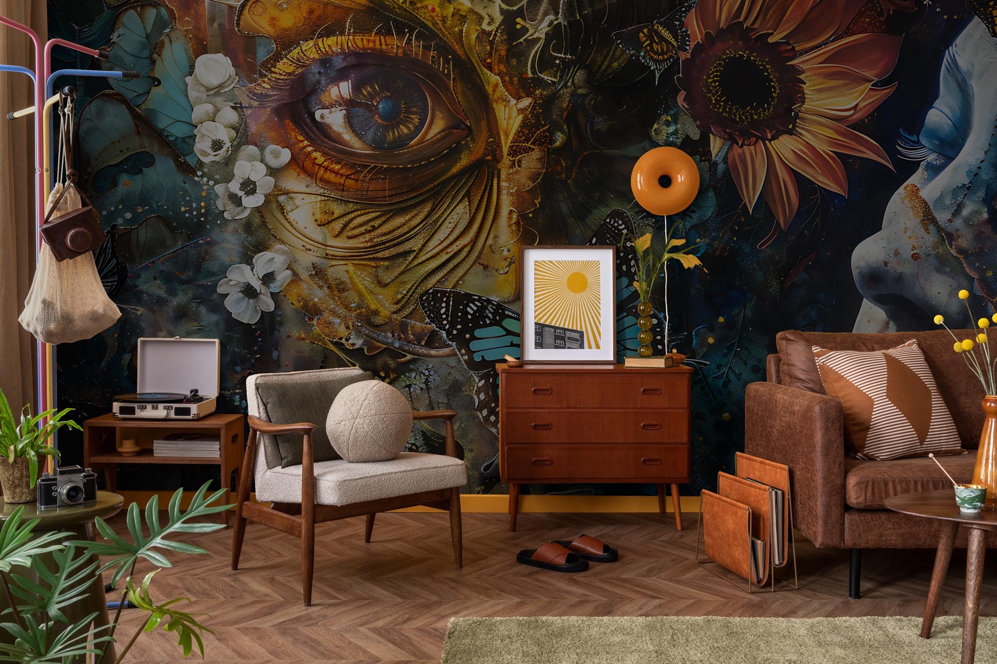Surreal Butterfly Floral Peel and Stick Wallpaper: Boho Face Art Mural - View 3