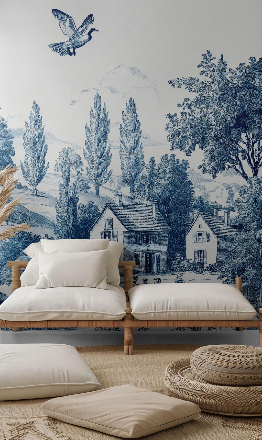 Blue Toile de Jouy Wallpaper: Vintage French Countryside Peel & Stick Mural - View 4
