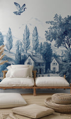 Blue Toile de Jouy Wallpaper: Vintage French Countryside Peel & Stick Mural - View 4