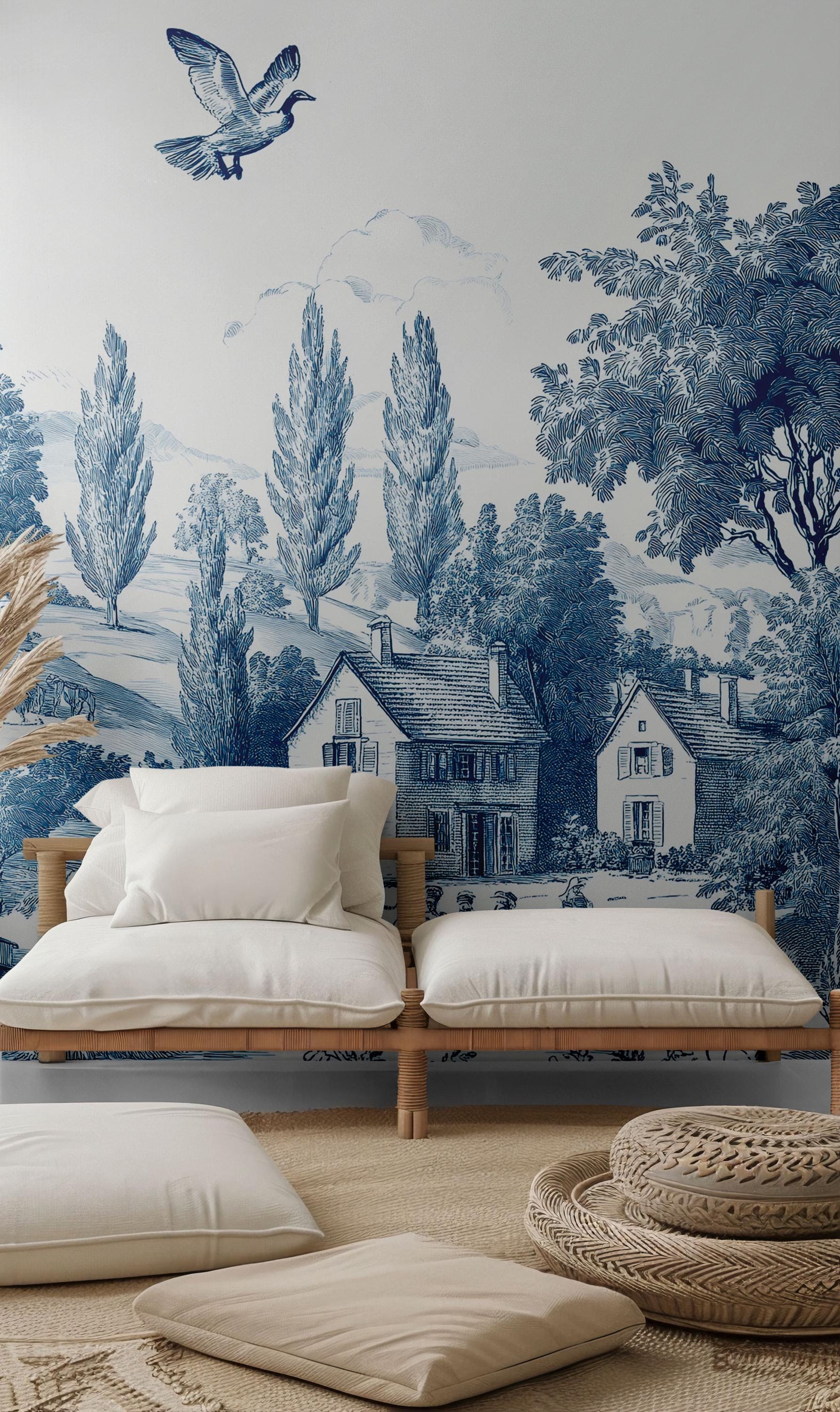 Blue Toile de Jouy Wallpaper: Vintage French Countryside Peel & Stick Mural - View 4