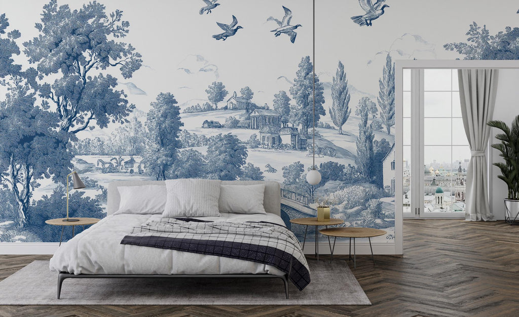 Blue Toile de Jouy Wallpaper: Vintage French Countryside Peel & Stick Mural - View 5