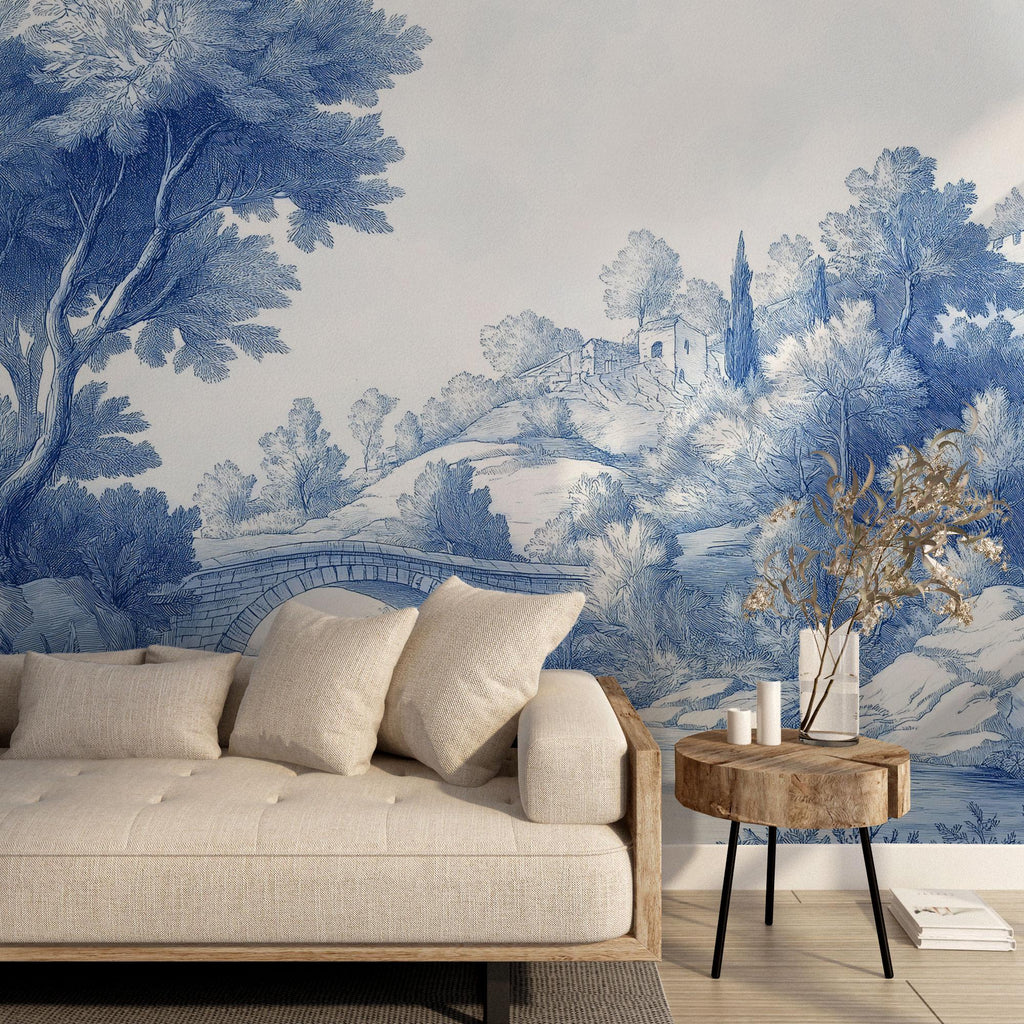 Blue Toile de Jouy Wallpaper, Scenic Wall MuralPeel and Stick Mural - View 3