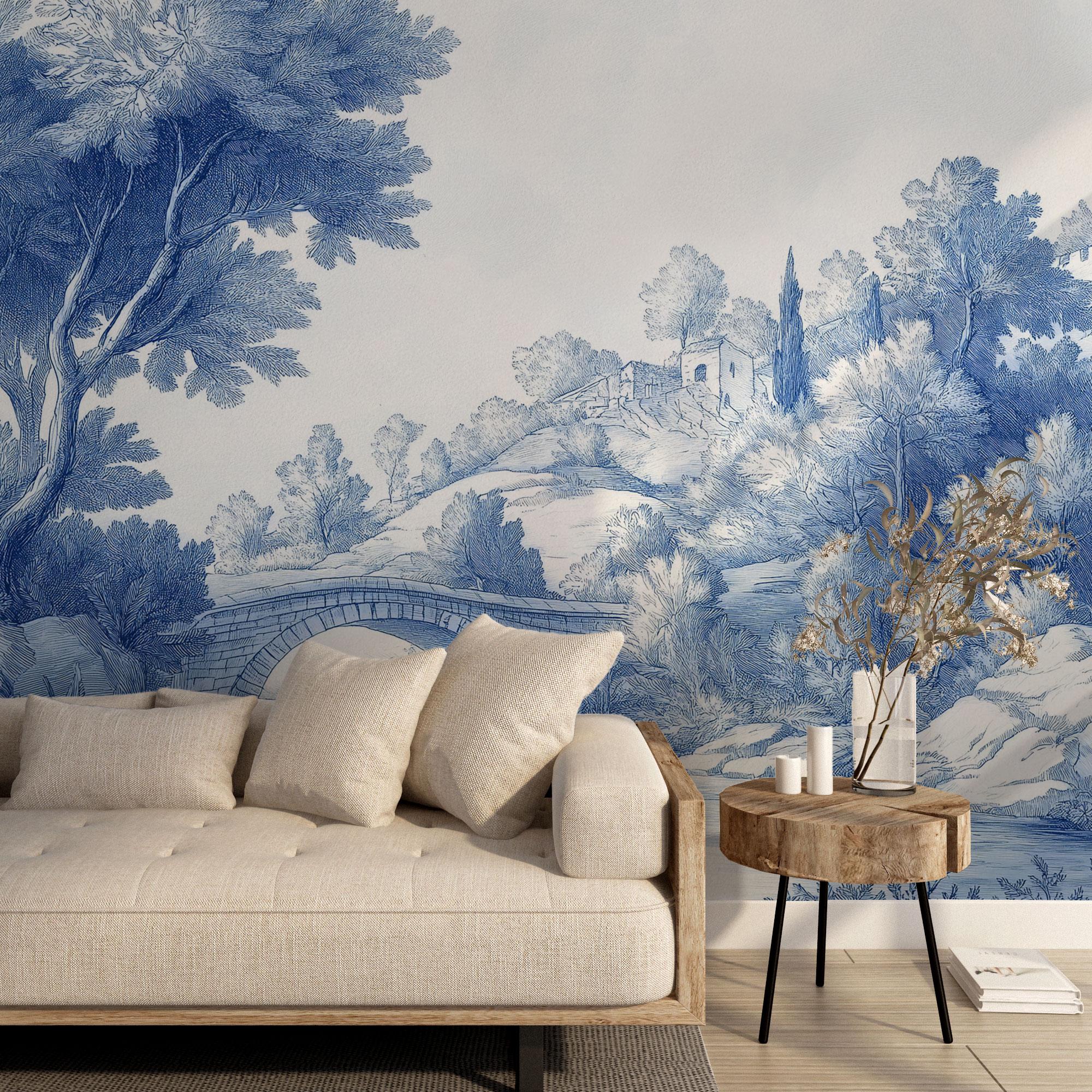 Blue Toile de Jouy Wallpaper, Scenic Wall MuralPeel and Stick Mural - View 3
