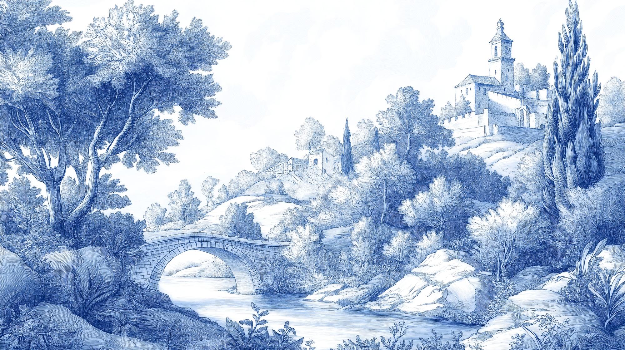 Blue Toile de Jouy Wallpaper, Scenic Wall MuralPeel and Stick Mural - View 6