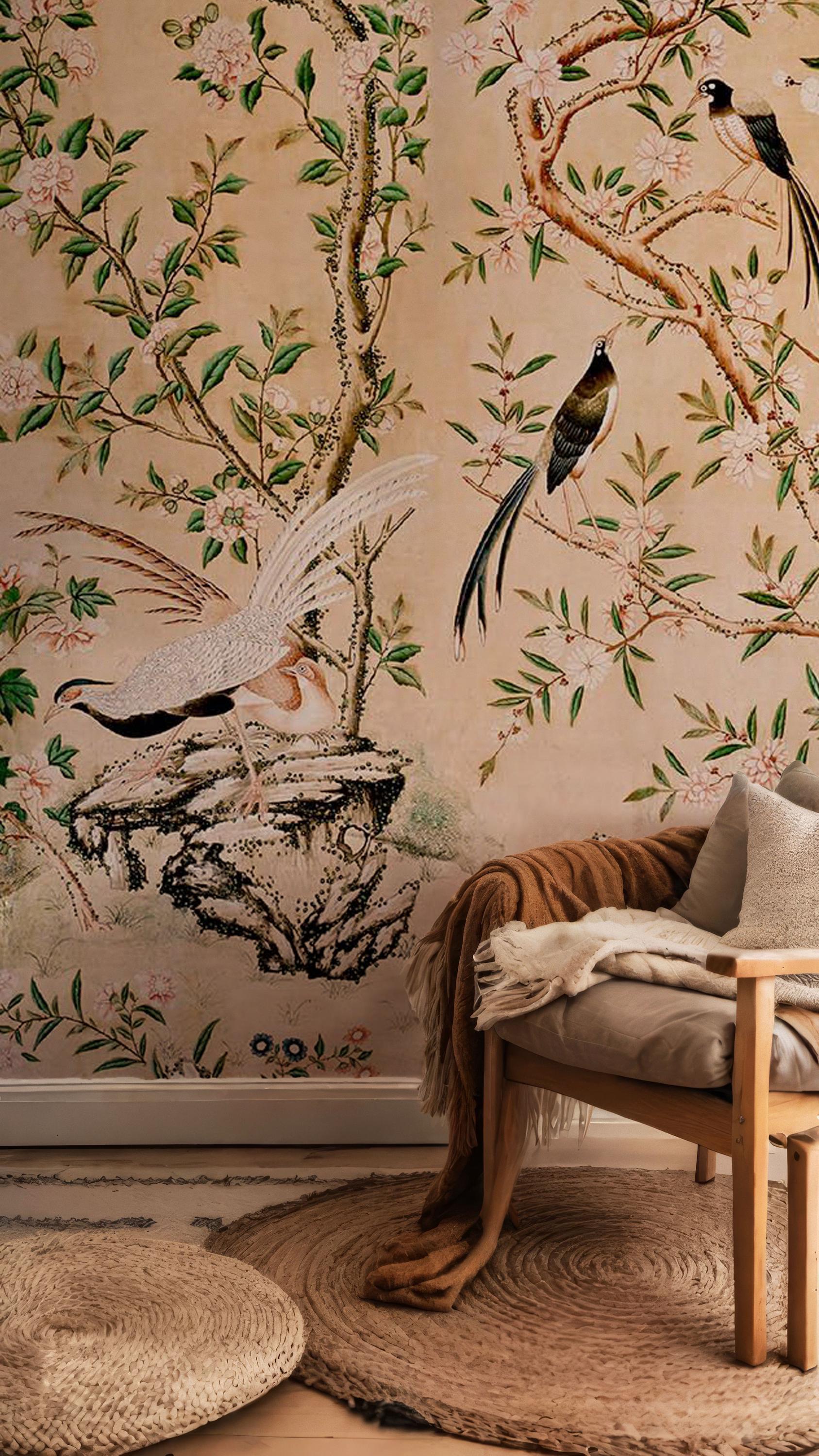 Chinoiserie Peel and Stick Wallpaper: Birds & Blossoms Mural - View 3