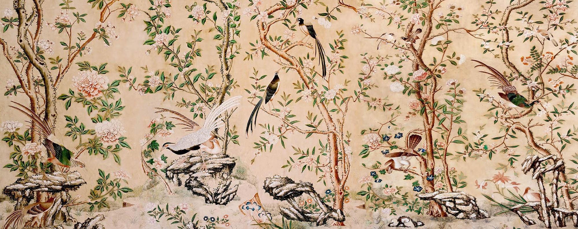 Chinoiserie Peel and Stick Wallpaper: Birds & Blossoms Mural - View 6