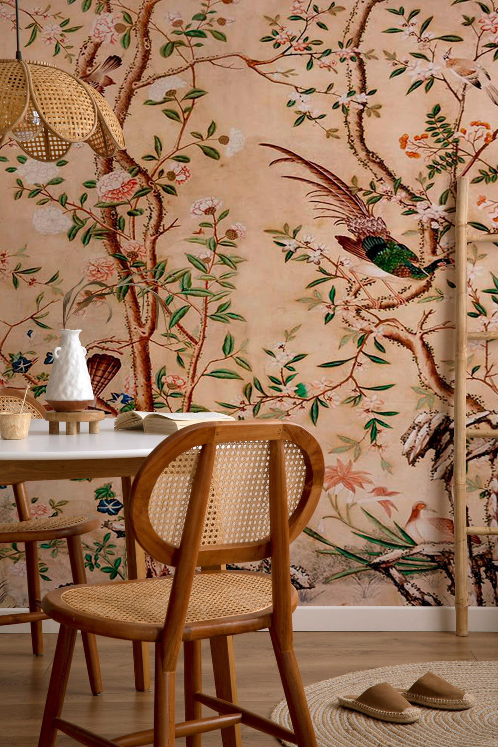 Chinoiserie Peel and Stick Wallpaper: Birds & Blossoms Mural - View 2
