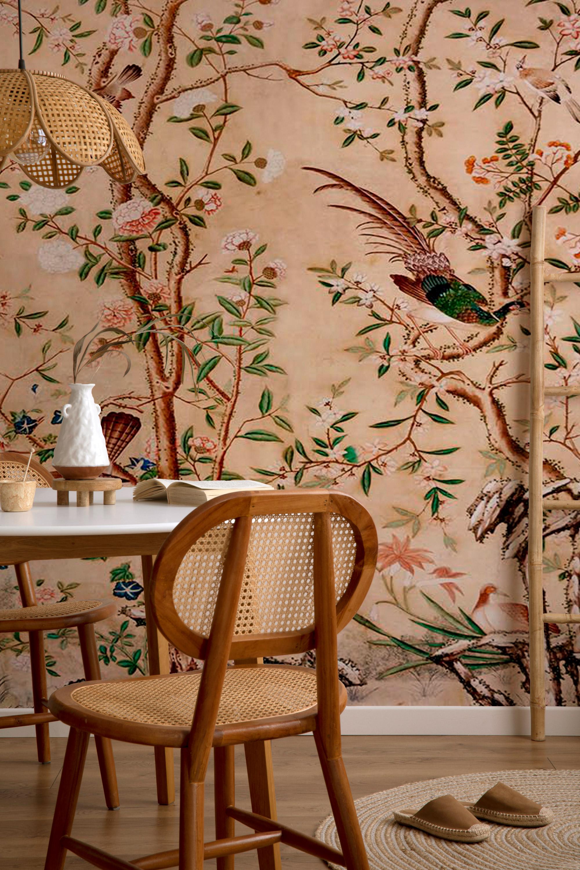 Chinoiserie Peel and Stick Wallpaper: Birds & Blossoms Mural - View 2
