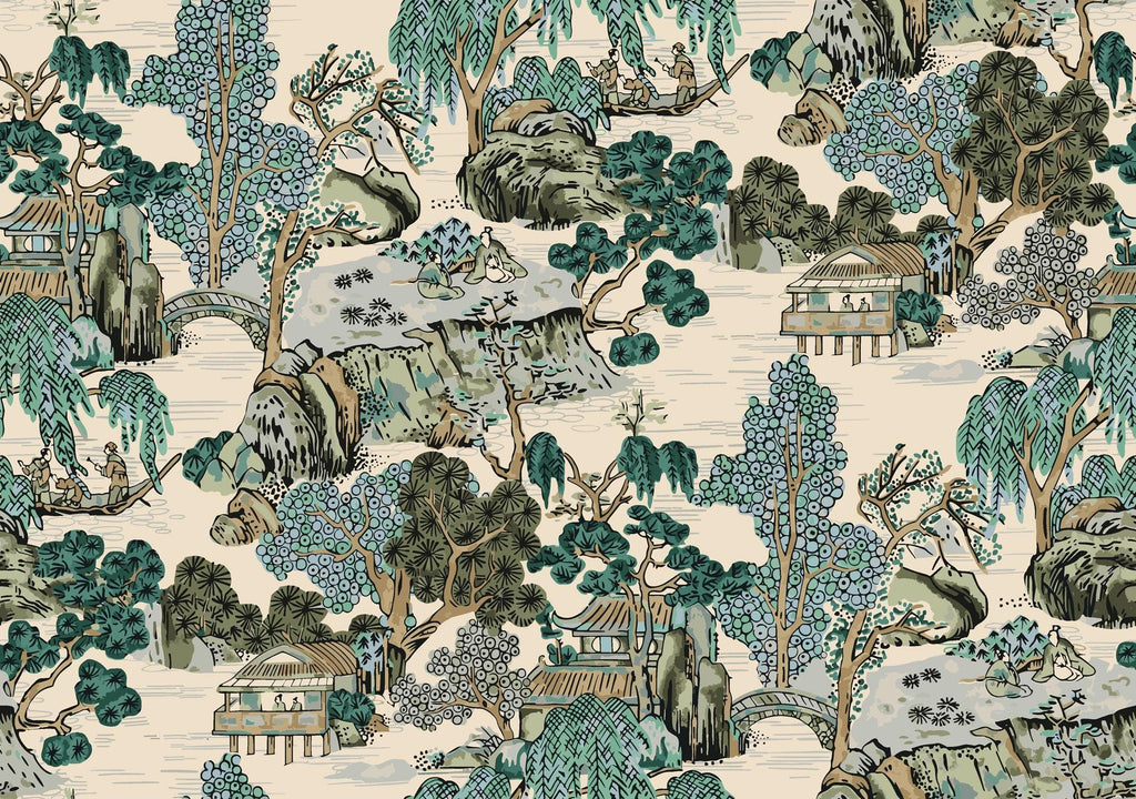 Vintage Japanese Landscape Peel and Stick Wallpaper: Asian Pagoda Mural - View 2